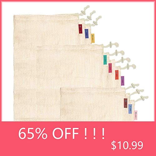 Reusable Produce Bags for Shopping & Storage, 100% Biodegradable & Washable, Made from Organic Cotton Mesh, Sewn with Double-Stitched Seams, Fadeless Tare Tags, Set of 10 (3 Small, 4 Medium, 3 Large)