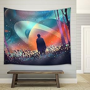 Illustration - Man Standing Alone in Forest with Fictional Planets Background,Illustration - Fabric Wall Tapestry Home Decor - 51x60 inches