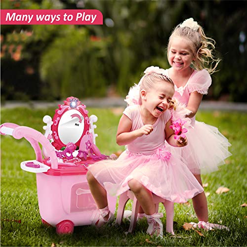 Buddynbuddies 3 in 1 Pretend Makeup & Salon Trolley, 21 PCS Pretend Dress-up Kit for Little Princess Toddler Girl, Glamour Girl Pretend Play Makeup Set for Children 3 Years Old and Up