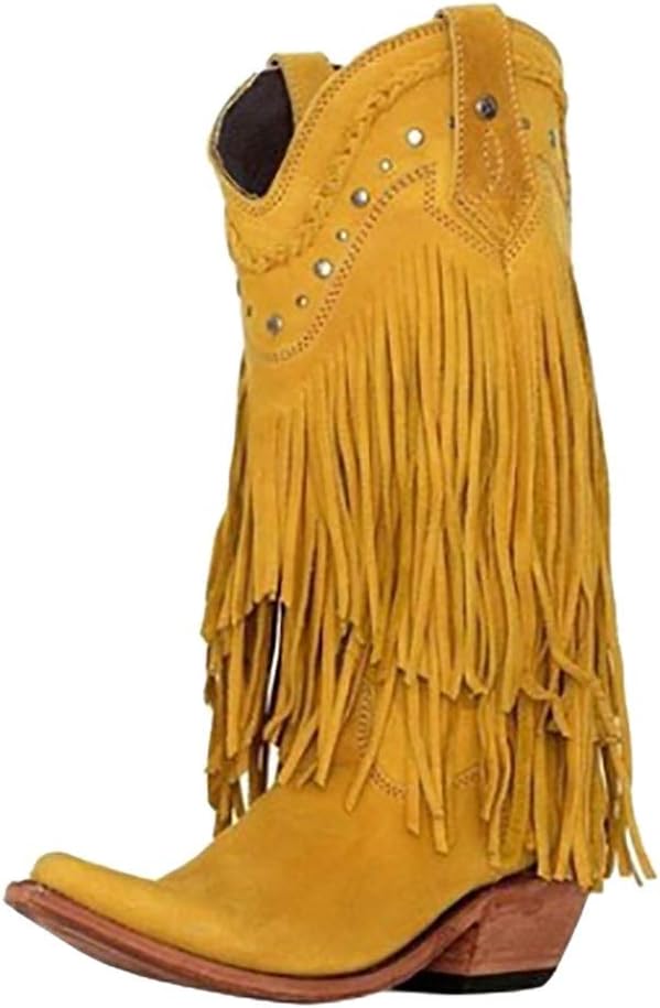 Eimvano Women Retro Fringe Mid Booties Ethnic Increased Short Boots Comfy Flock Leather Western Vintage Boot Shoes