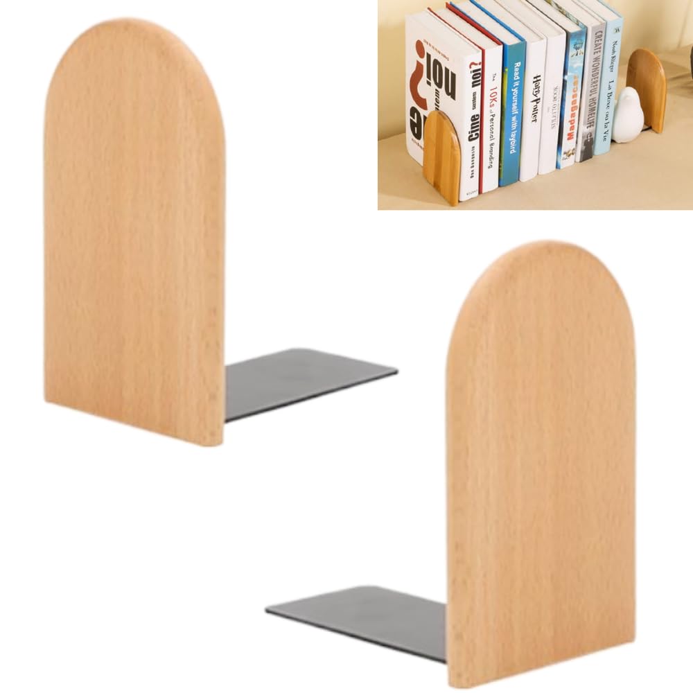 KARBAG Book Ends, 2 Pack Natural Bamboo Bookend Heavy Duty Bookends Walnut Wood Bookends Wooden Book Stopper Bookshelf Ends Decorative Book Ends for Shelves Office Home School Dorm Library(Round Head)