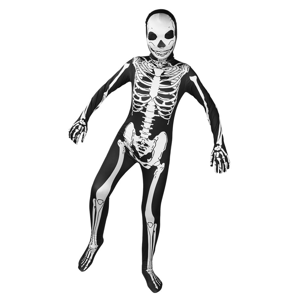 AOOWU Kids Skeleton Costume for Halloween, Children’s Skeleton Costume for Halloween, Kids Skeletons Halloween Fancy Dress Costume, Spooky Skeleton Onesie Scary Bones for Boys and Girls, XL