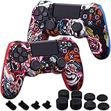 MXRC Silicone rubber cover skin case anti-slip Water Transfer Customize Camouflage for PS4/SLIM/PRO controller x 2 (Dragon Red + Blue) + FPS PRO extra height thumb grips x 8 + Dustproof Plug x 4