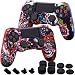MXRC Silicone rubber cover skin case anti-slip Water Transfer Customize Camouflage for PS4/SLIM/PRO controller x 2 (Dragon Red + Blue) + FPS PRO extra height thumb grips x 8 + Dustproof Plug x 4