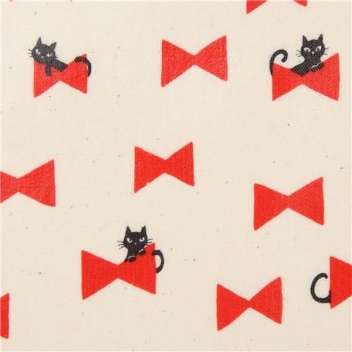 Natural color with red bow cat animal laminate fabric by Kokka (per 0.5 yard units)
