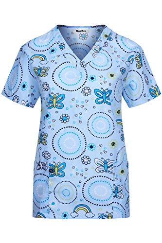 MedPro Women's Printed Short Sleeve V Neck Medical Scrub Top Blue M