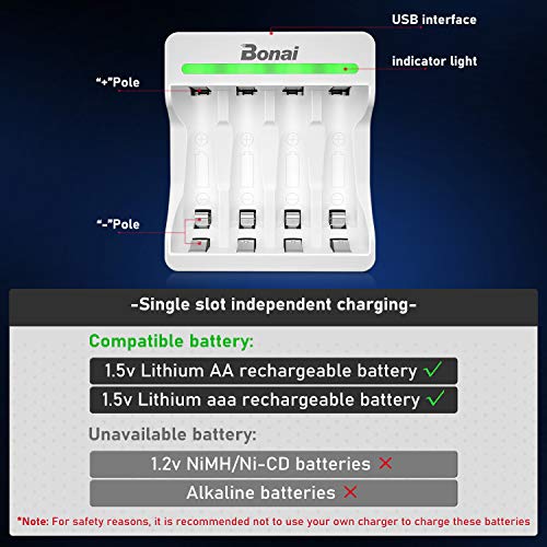 BONAI AA Lithium Rechargeable Batteries with Charger, 1.5V 3300mWh