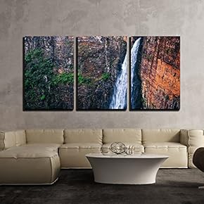3 Piece Canvas Wall Art - Waterfall on The Deep Cliff - Modern Home Art Stretched and Framed Ready to Hang - 16"x24"x3 Panels