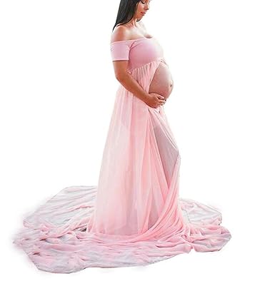ZEZKT Kleider für Schwangere, Off-Shoulder Umstandskleid Maternity Schwanger Fotoshooting