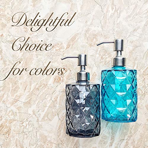 JASAI Diamond Design Glass Soap Dispenser with 304 Rust Proof Stainless Steel Soap Pump, Clear Glass 12 Oz Kitchen Soap Dispenser for Bathroom Accessories, Countertop (Clear Grey)