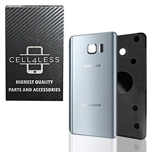 Samsung Galaxy Note 5 Replacement Rear Back Glass Back Cover w/ Removal Tool & Pre-Installed Adhesive - Fits N920 Models ANY CARRIER - 2 Logo (Silver)