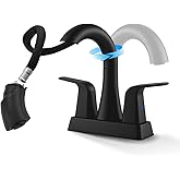 BRAVEBAR Matte Black Bathroom Faucet 4 Inch Centerset 3 Hole, 2 Handle Faucet with Heat-Resistant Pull-Out Sprayer, 360° Swivel Spout & Pop-Up Drain, BF-116B