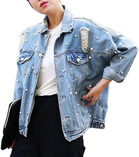 CUTECC Fashion Women Loose BF Style Bead Pearl Jeans Denim Ripped Blue Jacket (M, Light Blue)