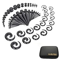 LLGLTEC Ear Stretching Kit 54 Pieces 14G-00G Ear Gauges Expander Set Acrylic Tapers and Plugs & Silicone Tunnels Body Piercing Jewelry Set with Velvet Pouch (Black)