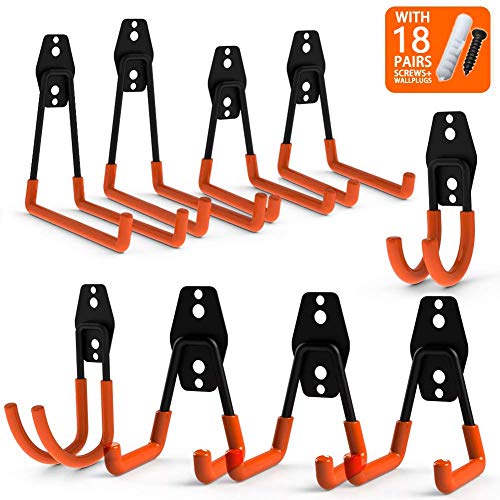 BG-Style Steel Garage Storage 9 PCS,Utility Double Hooks,Heavy Duty for Organizing Power Tools,Laddy,Bulk Items,Wall Mount Tool Holder for Home Chair Ladder,Shovel Holder,Bike Hanger