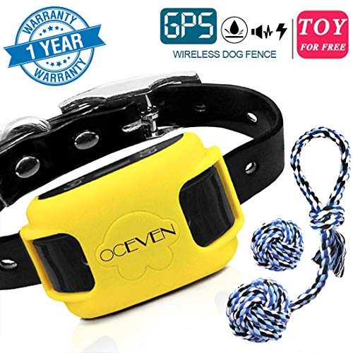 OCEVEN Wireless Dog Fence System with GPS, Outdoor Pet Containment System Rechargeable Waterproof Collar EF851S, Yellow, for 15lbs-120lbs Dogs with 2pcs Toys for Free