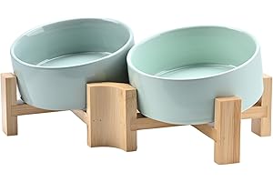 SPUNKYJUNKY 15° Slanted Ceramic Dog and Cat Bowl with Wooden Stand, Tilted Bulldog Food and Water Bowl No Slip Non-Spill for Cats Medium Dogs Big Face Pets 13.5 OZ (1.7 Cups, Morandi Green × 2)