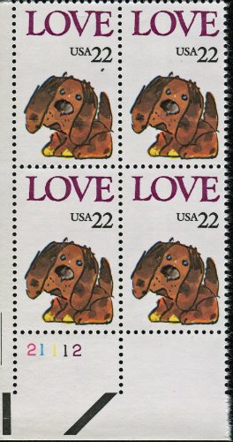 PUPPY LOVE ~ DOG #2202 Plate Block of 4 x 22 US Postage Stamps