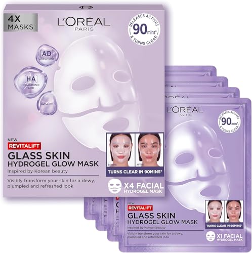 L'Oréal Paris Glass Skin Hydrogel 4 boîtes de masques, pour une peau repulpée et lumineuse, hydratant & lissant, [avec acide hyaluronique], Revitalift Filler, Pack avantage, 100g
