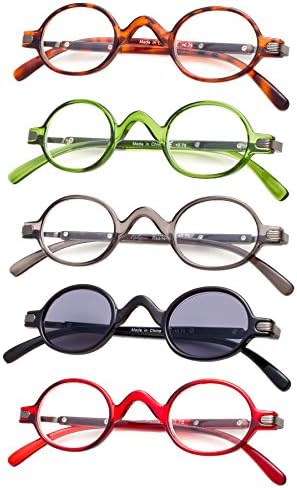 5-pack Mini Oval Round Reading Glasses with Spring Temple include Sun Readers
