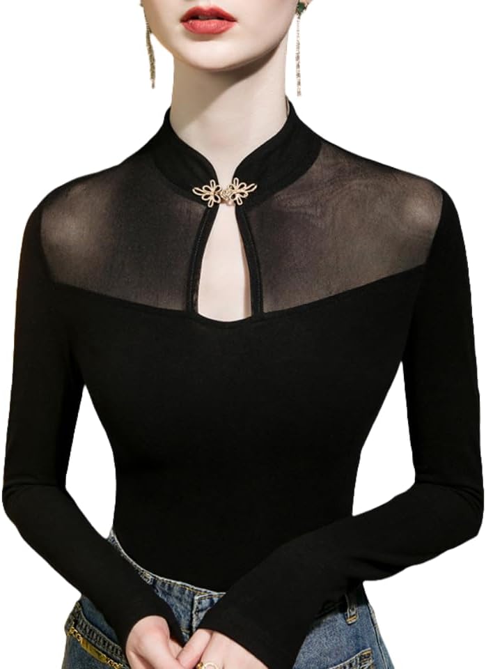 Women High Neck Sheer Mesh Tops Elegant Long Sleeve Crop Solid