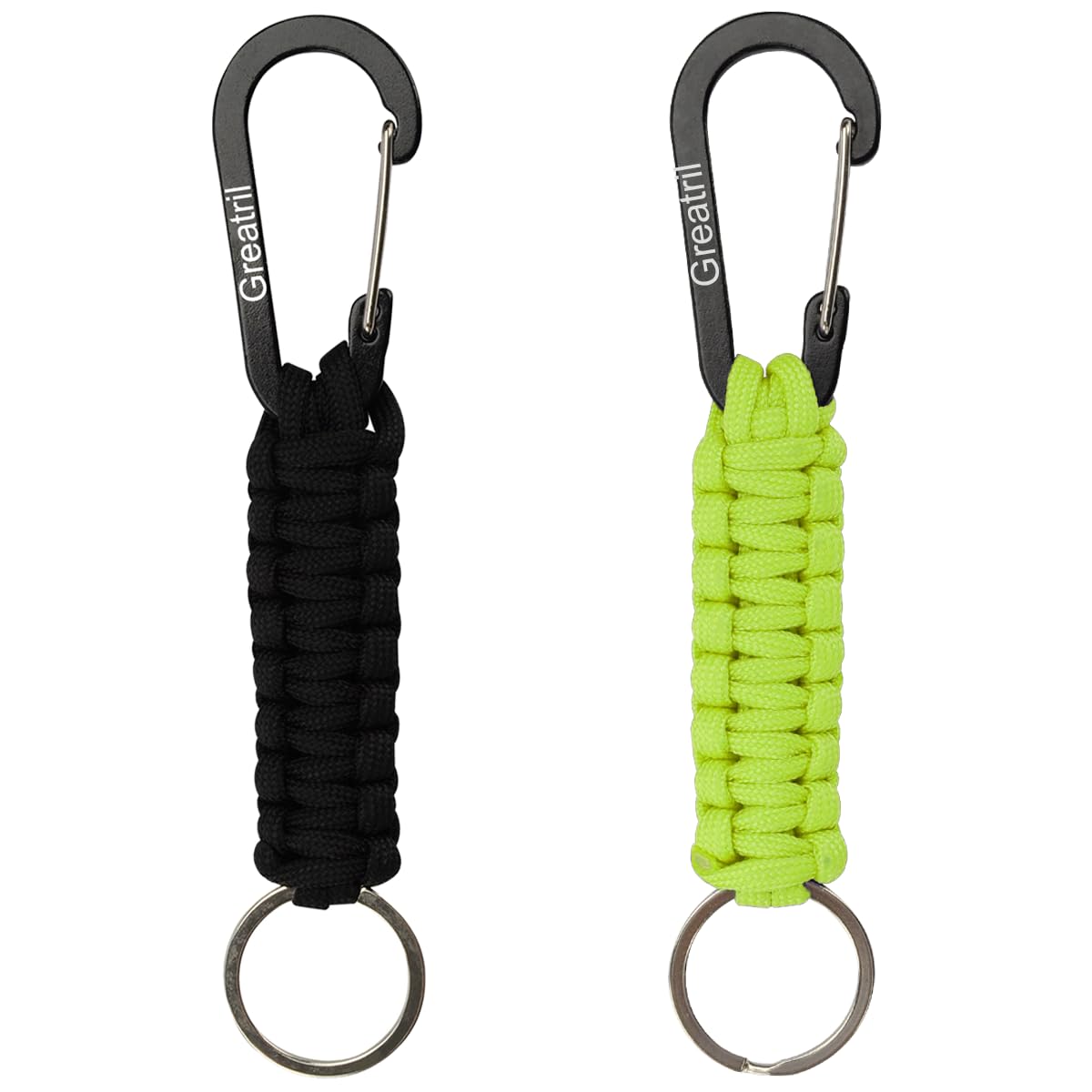 Keychain Keyring with Carabiner - GREATRIL Paracord Key Chain Hanger Carabiners Clips for Outdoor Boys/Girls/Men/Women (Black+Green)