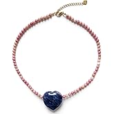 MEVOME Chunky Heart Pendant Natural Stone Beaded Necklace, 18K Gold Plated Stainless Stone Precious Gemstone Peach Heart Women Bead Choker Jewelry Gift for Birthday Holidays Christmas New Year
