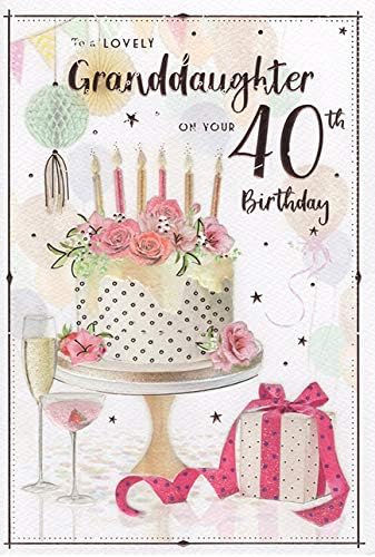 ICG Granddaughter 40th Birthday Card - Pale Birthday Cake & Silver Stars 9" x 6", yellow|red|white, 23cm x 15cm