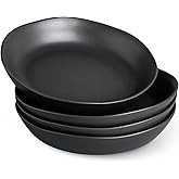 AmorArc 9.75'' Ceramic Large Pasta Bowls, 38oz Stoneware Flat Serving Bowls Set of 4, Oven,Microwave&Dishwasher Safe Bowls with Wavy Rim for Fruit Pasta Salad Meal, Matte Black