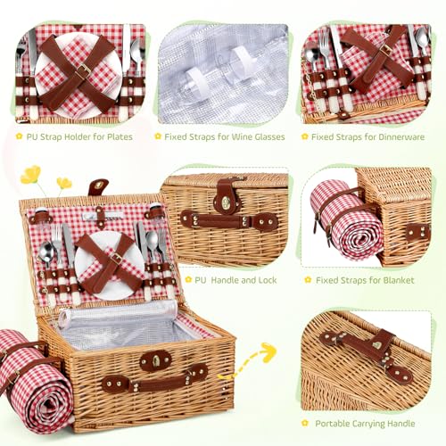 Wicker Picnic Basket Wicker Picnic Basket for 4 Person Woven Basket with Integrated Insulation and Waterproof Tarpaulin, Complete Set with 4 Cutlery, Plates, Glasses for Camping Garden BBQ