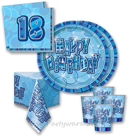 Blue Glitz 18th Birthday Party Tableware Pack for 16 by The Partyware Shop