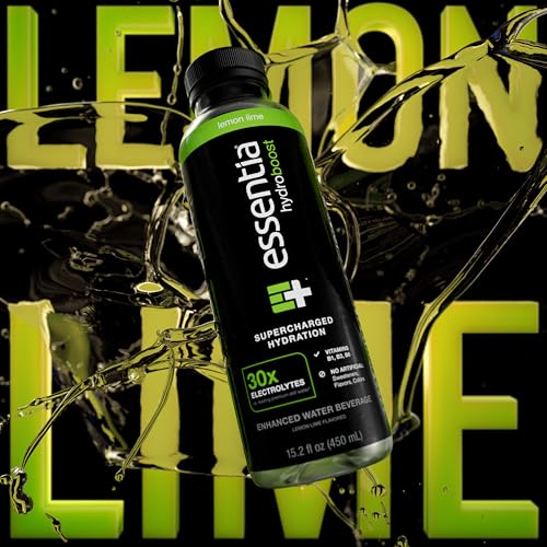 NEW ESSENTIA HYDROBOOST ENHANCED BOTTLED WATER, 15.2 FL. OZ. (450 ML), 12 PACK, LEMON LIME, HYDROLYTE BLEND WITH B-COMPLEX VITAMINS AND ELECTROLYTES, CLEAN TASTE & SUPERCHARGED HYDRATION