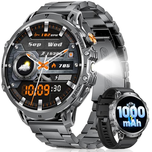 LIGEMI Men's Smart Watch with 1000mAh/LED Flashlight, 1.85 Inch HD Smartwatch Man with Bluetooth Calls, Heart Rate, Sleep Monitor, IP68 Waterproof, 100+ Sports for Android iOS