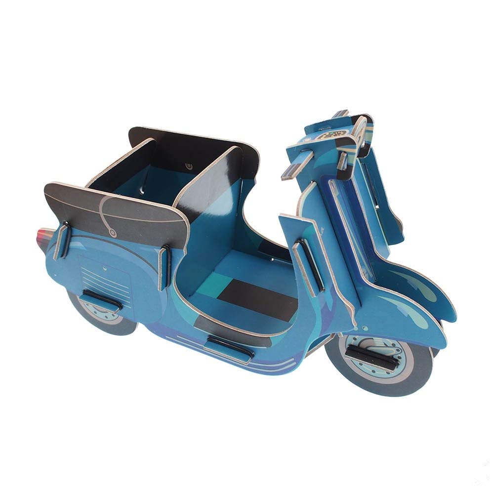 RayLineDo Pack of 1pcs Cute DIY Paper Cardboard Stationery Makeup Cosmetic Desk Decor Organizer Board Storage Box Blue Motorcycle Children's Pencil Holder Pen Pot Gift for Boys or Girls