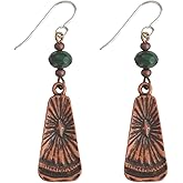 Boho Trapezoid Antiqued Copper Dangle Earrings Sterling Silver Earwires Ethnic Tribal Sun Ray Design Dark Forest Green Glass Beaded Jewelry for Women
