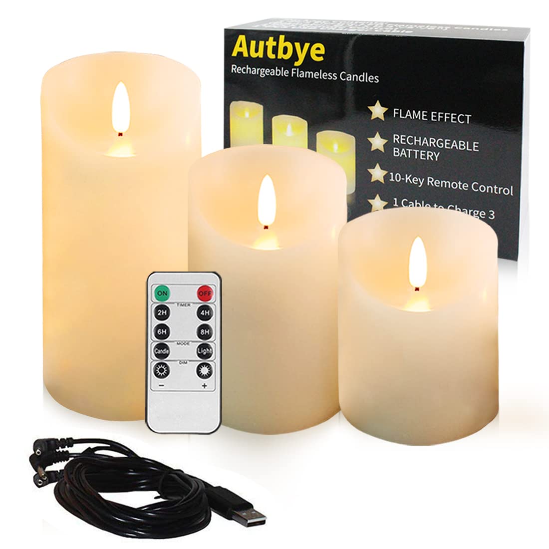 Flameless Candles Electric with Rechargeable Battery Autbye (2019 Advanced Edition) Extra Bright Ivory 3 Pack 4" 5" 6" Dripless Real Wax Pillars LED Smart Candle Flickering with 10-Key Remote Control