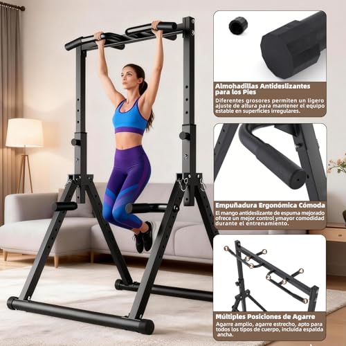 GOHOMKIC Barra de Dominadas Plegable Equipo de Entrenamiento Multifuncional | Estación de Barra de Inmersión de Gimnasio en Casa para Pull Ups, Dips, Barra Fija, Altura Ajustable