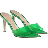 RYNKOMA Women'S Clear Pointed Open Toe Stiletto Heel Slide Sandals Fashion Sexy Slip On Transparent Strap High Heels Mules Summer Backless Party Wedding Prom Dress Shoes