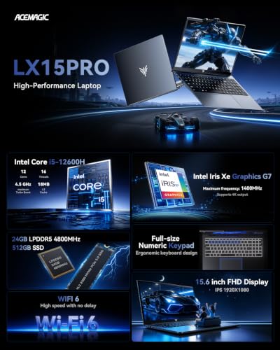 ACEMAGIC Gaming Laptop Intel Core i5-12600H Intel Laptops, 15.6-in 24GB LPDDR5 (2 * 12GB, Dual Channel) 512GB NVMe SSD Notebook-Computer, Numeric Keypad WiFi 6 Win-11 Pro Type-C USB-3.2 Webcam 3.5mm