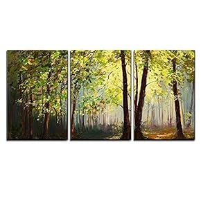3 Piece Canvas Wall Art - Summer Forest in Oil Painting Style - Modern Home Art Stretched and Framed Ready to Hang - 16"x24"x3 Panels
