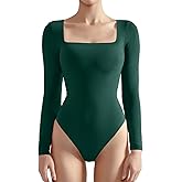 SUUKSESS Women Square Neck Long Sleeve Bodysuit Sexy Thong Bodysuit Shirts