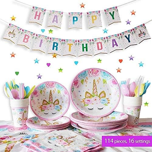 Simplefirst Unicorn Party Supplies Set Birthday Tableware Set Including Paper Plates, Cups, Tablecloth, Forks, Birthday Banner and Napkins 114pcs