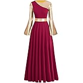 IBAKOM Liturgical Praise Dance Worship Long Dress for Women Metallic Gold Color Block Loose Fit Full Length Church Dancewear