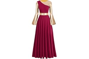 IBAKOM Liturgical Praise Dance Worship Long Dress for Women Metallic Gold Color Block Loose Fit Full Length Church Dancewear