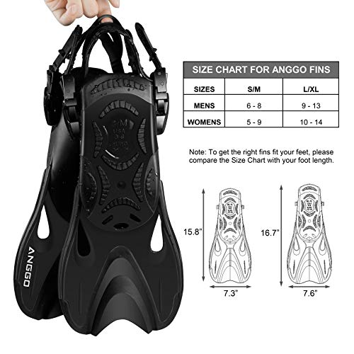 ANGGO Adult Short Swim Fins with Adjustable Strap for Snorkeling and Diving (Black,S/M)