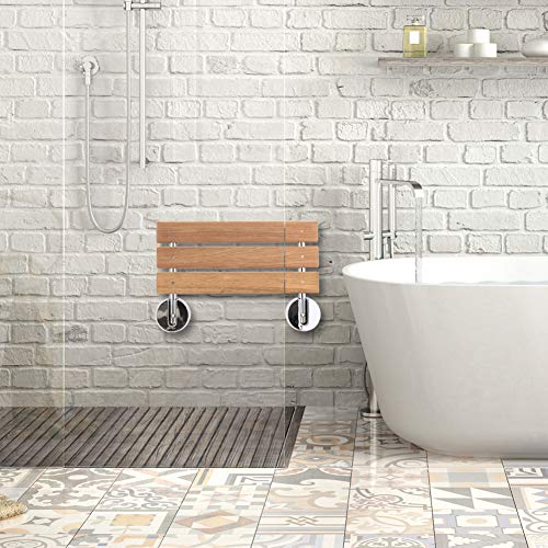 20'' Teak Wood Folding Shower Seat Bench, Wall Mount Bathroom Folding