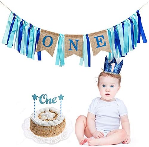 TiiMi Part 1 st Birthday Banner Cake Topper Crown Decorations Set for Baby Boy Garland Ribbon Decoration Baby Shower Bunting Burlap Highchair Celebration Tool