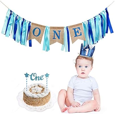 Amazon Com Tiimi Part 1 St Birthday Banner Cake Topper Crown