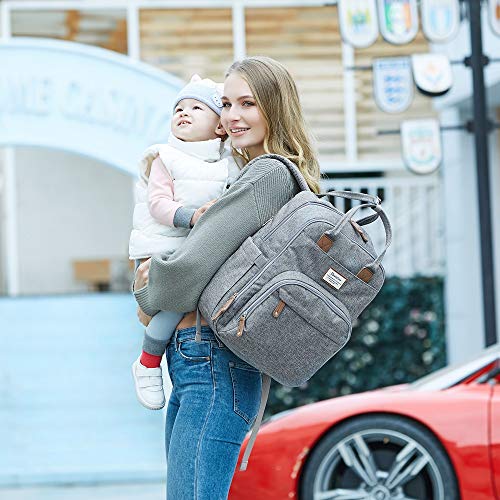 Diaper Bag Backpack, Large Capacity Unisex Nappy Changing Bags for Boys and Girls Waterproof Multifunction Travel Back Pack for Mom and Dad, Gray