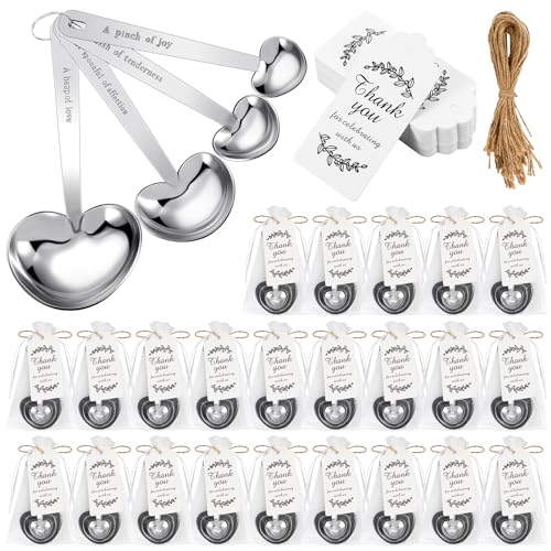 Photo 1 of Umigy 50 Set Heart Shaped Measuring Spoon Tea Spoons Wedding Baby Shower Favors for Guests Set Heart Shape Drawstring Organza Bag Gift Tag Rope for Wedding Bridal Shower Souvenir (Silver)